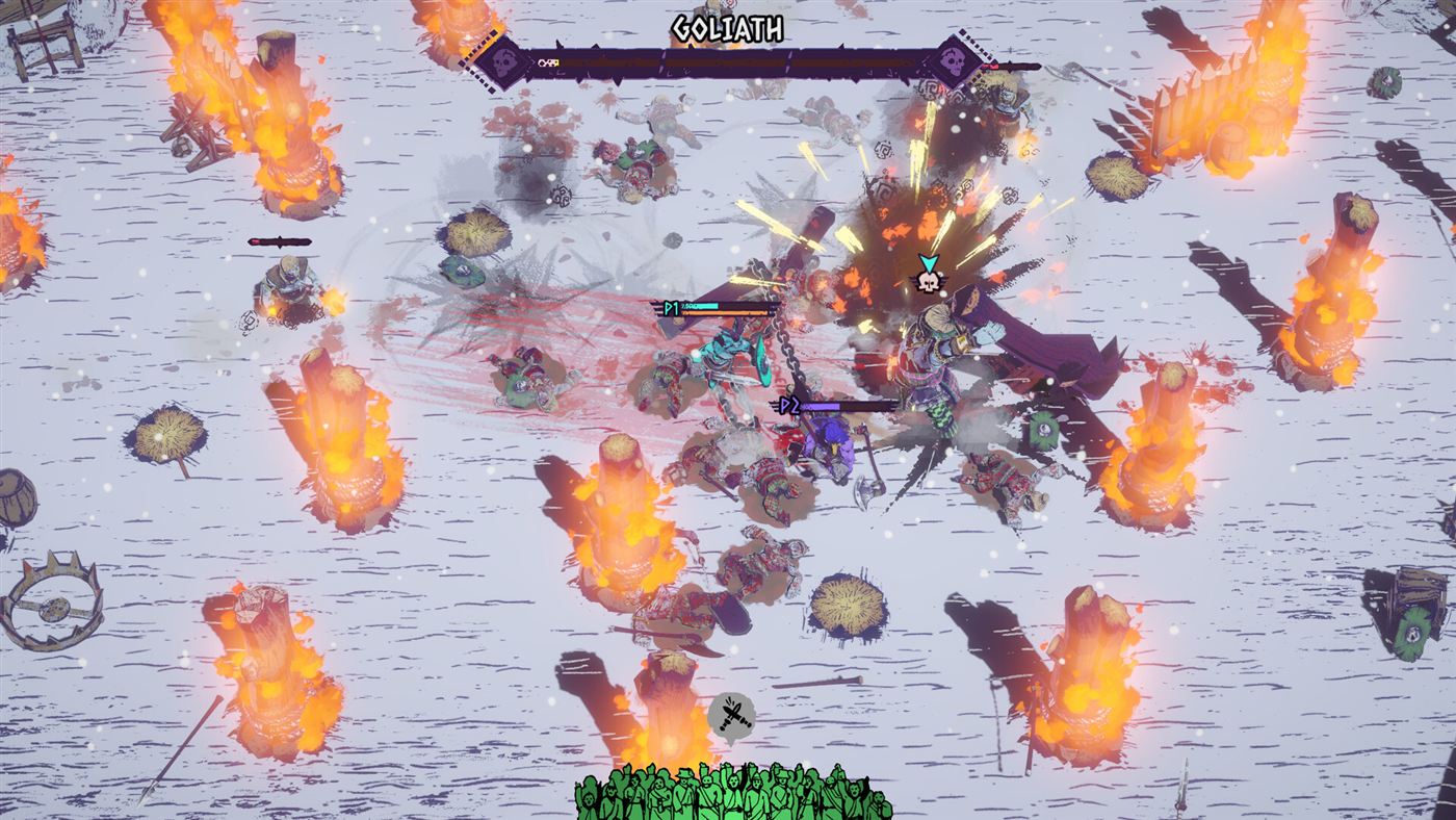 The Goliath boss fight in the snowy Germania arena with fire pillars.